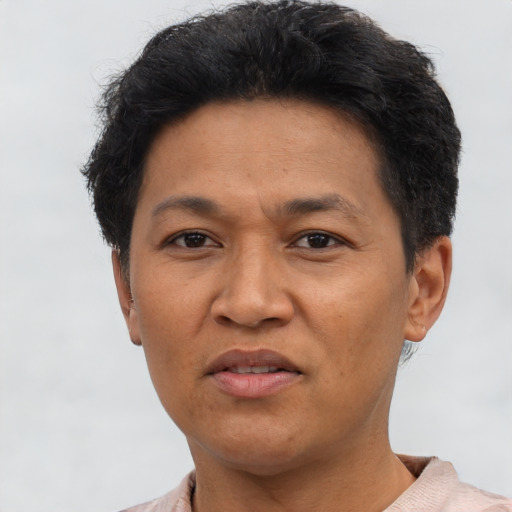Joyful asian adult male with short  brown hair and brown eyes