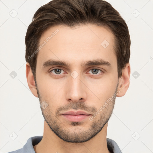 Neutral white young-adult male with short  brown hair and brown eyes