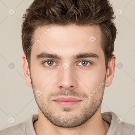 Neutral white young-adult male with short  brown hair and grey eyes