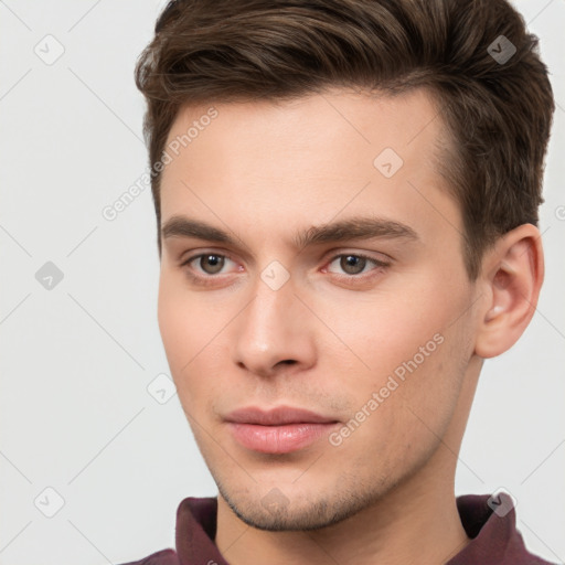 Neutral white young-adult male with short  brown hair and brown eyes