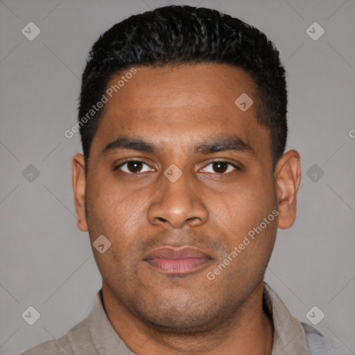 Neutral latino young-adult male with short  black hair and brown eyes