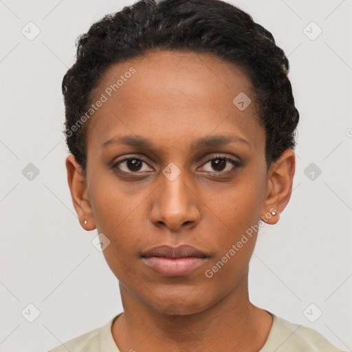 Neutral black young-adult female with short  brown hair and brown eyes