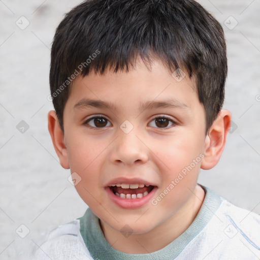 Joyful white child male with short  brown hair and brown eyes