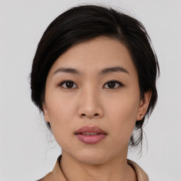 Neutral asian young-adult female with medium  black hair and brown eyes