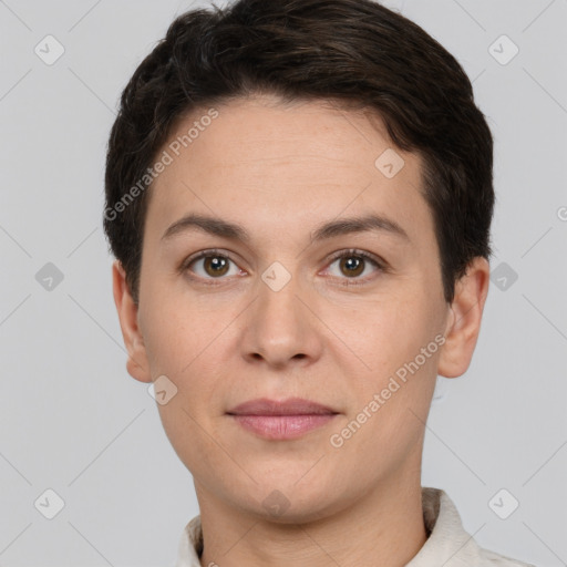 Joyful white young-adult female with short  brown hair and brown eyes