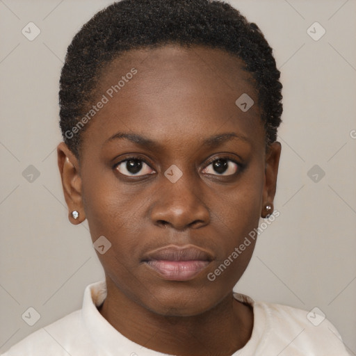 Neutral black young-adult female with short  brown hair and brown eyes