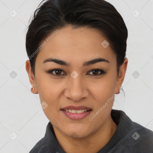 Joyful asian young-adult female with short  brown hair and brown eyes