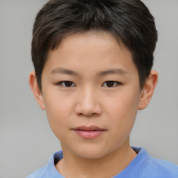 Joyful asian child male with short  brown hair and brown eyes