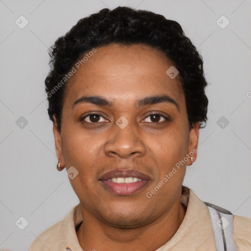 Neutral black young-adult female with short  black hair and brown eyes