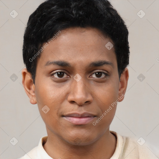 Joyful black young-adult female with short  brown hair and brown eyes