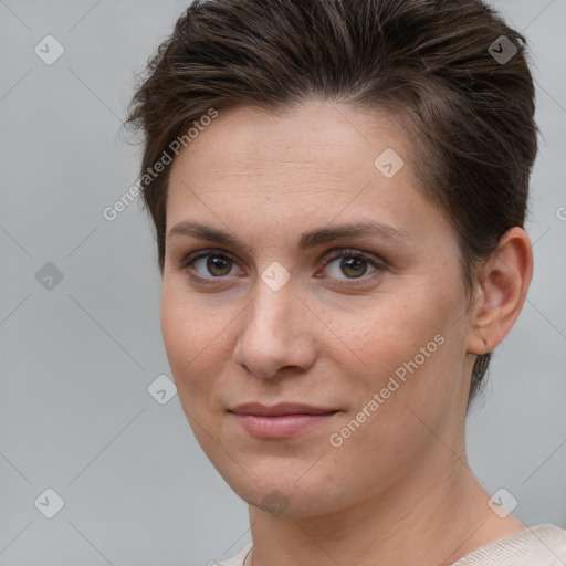 Joyful white young-adult female with short  brown hair and brown eyes