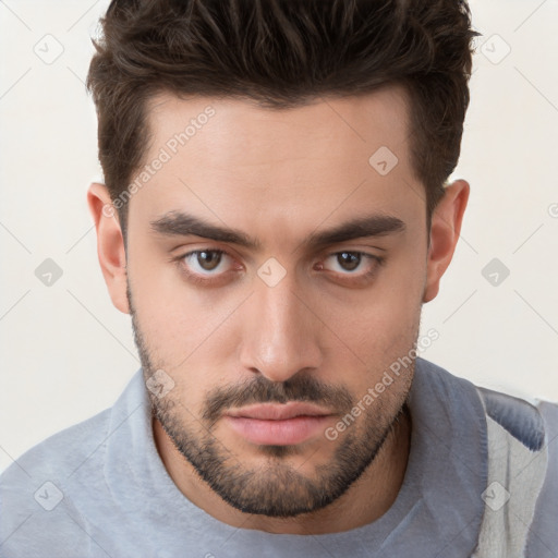 Neutral white young-adult male with short  brown hair and brown eyes