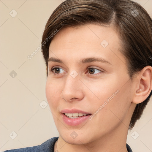 Joyful white young-adult female with medium  brown hair and brown eyes