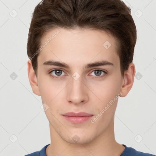 Neutral white young-adult male with short  brown hair and brown eyes