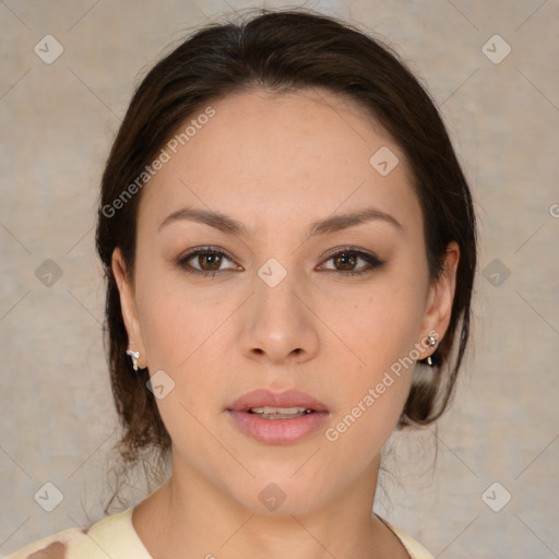 Neutral white young-adult female with medium  brown hair and brown eyes