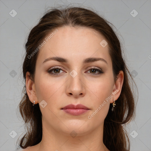 Neutral white young-adult female with medium  brown hair and brown eyes