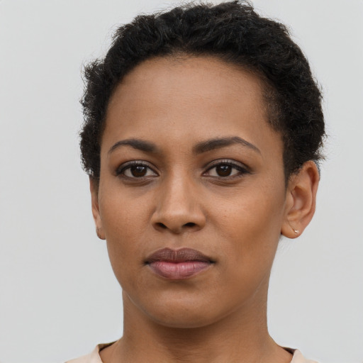 Neutral latino young-adult female with short  brown hair and brown eyes