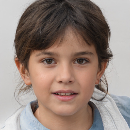 Joyful white child female with medium  brown hair and brown eyes