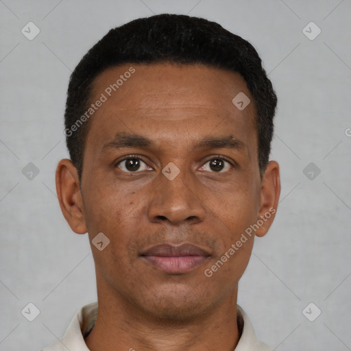 Neutral black young-adult male with short  black hair and brown eyes
