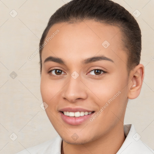 Joyful white young-adult female with short  brown hair and brown eyes