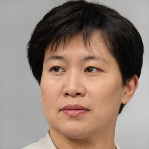 Joyful asian adult female with short  brown hair and brown eyes