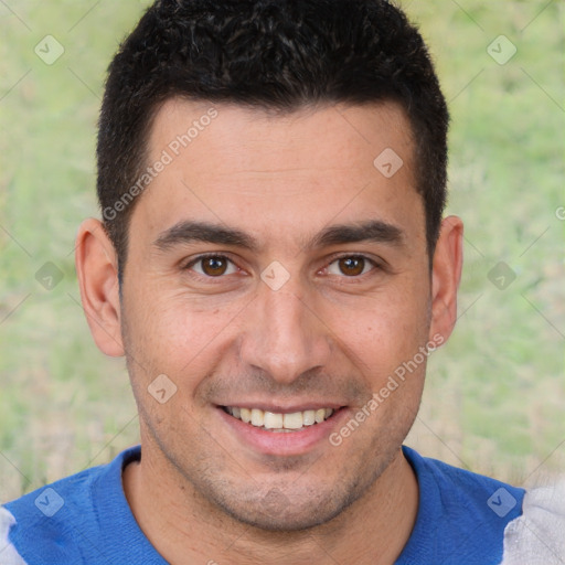 Joyful white young-adult male with short  brown hair and brown eyes