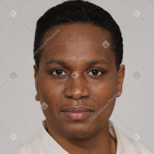 Neutral black young-adult female with short  black hair and brown eyes