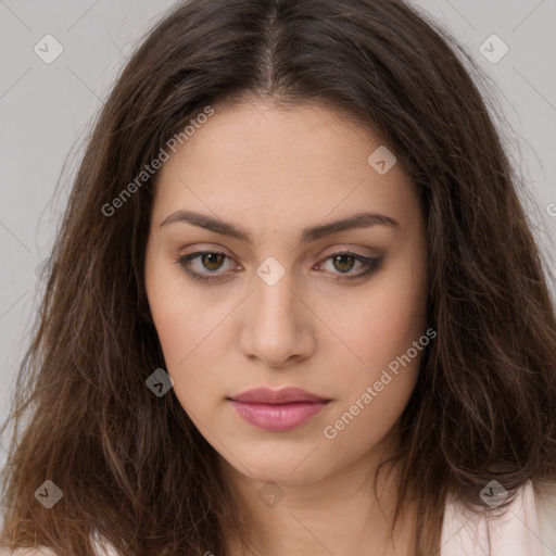 Neutral white young-adult female with long  brown hair and brown eyes