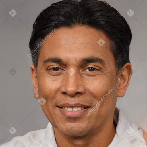 Joyful latino adult male with short  black hair and brown eyes