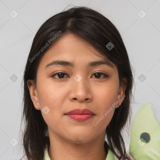 Joyful asian young-adult female with medium  brown hair and brown eyes