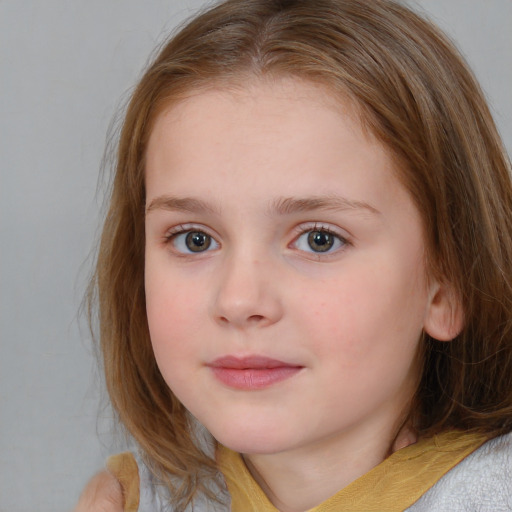 Neutral white child female with medium  brown hair and blue eyes