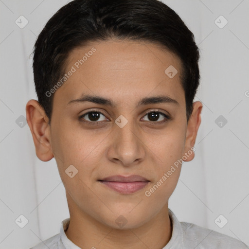 Joyful white young-adult female with short  brown hair and brown eyes