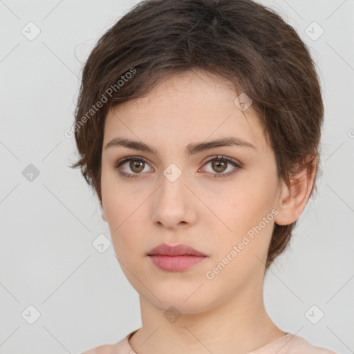 Neutral white young-adult female with short  brown hair and brown eyes