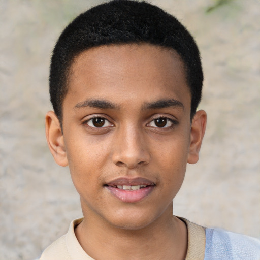 Joyful black young-adult male with short  brown hair and brown eyes