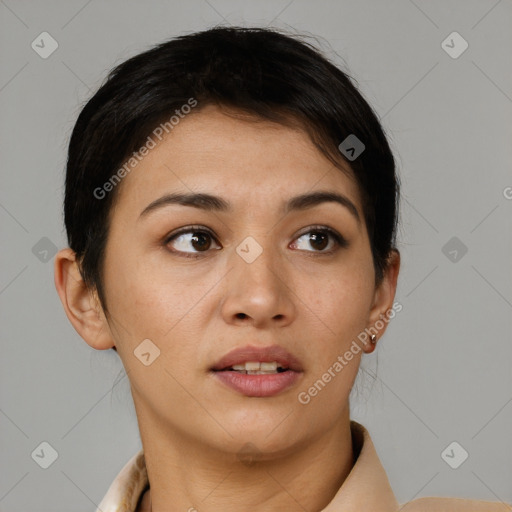 Neutral asian young-adult female with short  brown hair and brown eyes