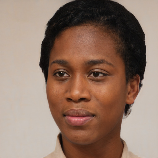Joyful black young-adult female with short  black hair and brown eyes