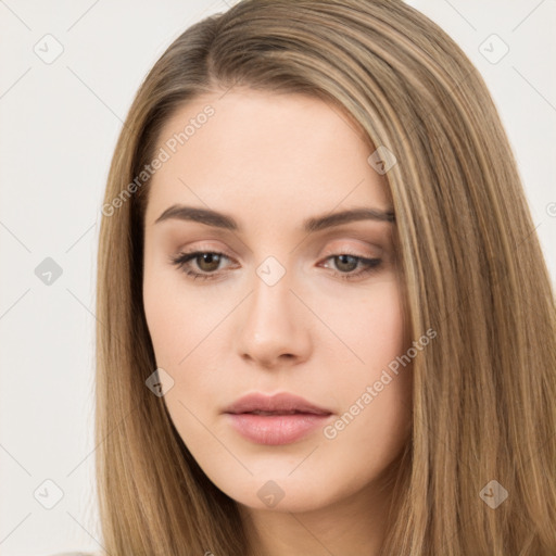 Neutral white young-adult female with long  brown hair and brown eyes