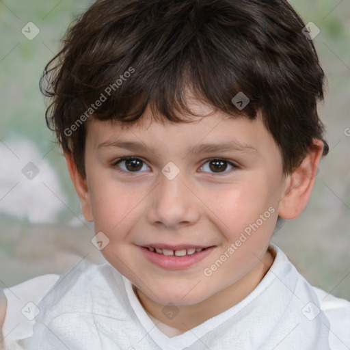 Joyful white child female with short  brown hair and brown eyes