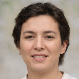 Joyful white adult female with medium  brown hair and brown eyes