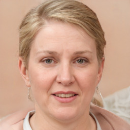 Joyful white adult female with medium  brown hair and blue eyes