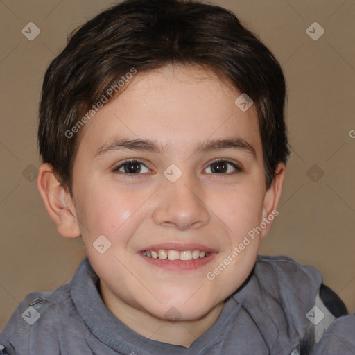 Joyful white child female with short  brown hair and brown eyes