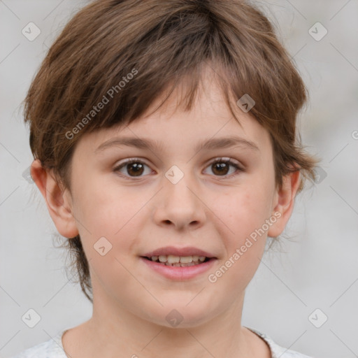 Joyful white child female with medium  brown hair and brown eyes