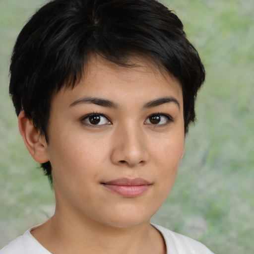 Neutral asian young-adult female with short  brown hair and brown eyes