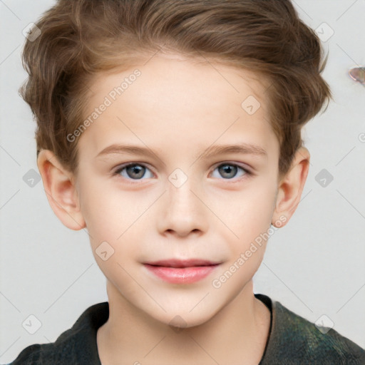 Neutral white child female with short  brown hair and grey eyes