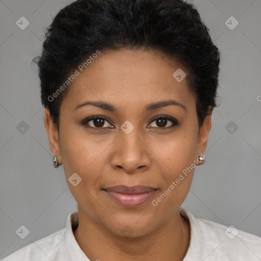 Joyful black young-adult female with short  brown hair and brown eyes