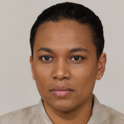 Neutral black young-adult female with short  black hair and brown eyes