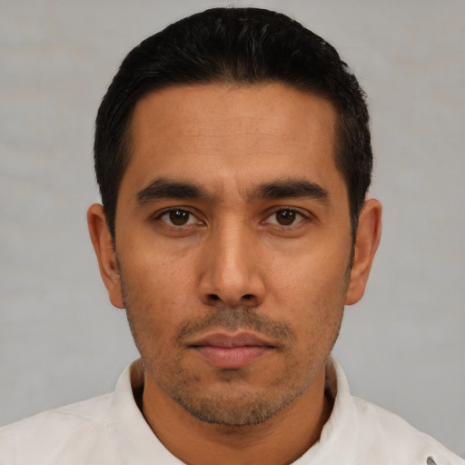 Neutral asian young-adult male with short  black hair and brown eyes