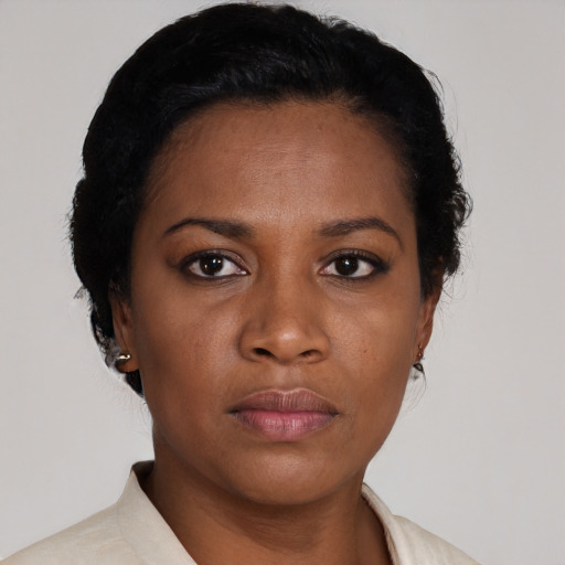Neutral black young-adult female with short  black hair and brown eyes