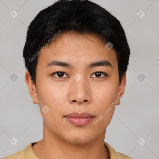 Neutral asian young-adult male with short  brown hair and brown eyes