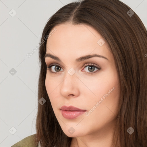 Neutral white young-adult female with long  brown hair and brown eyes